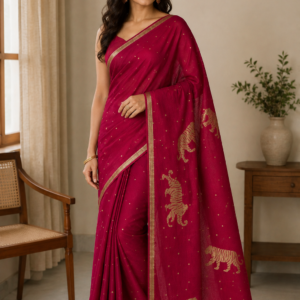 Magenta Mul Cotton Saree with Tiger Motifs & Tassel Pallu