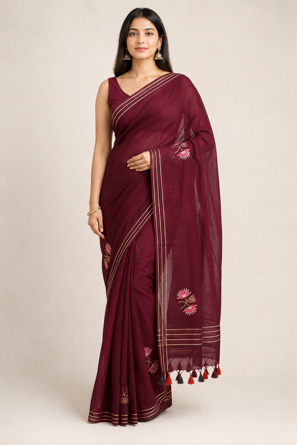Burgundy Mul Cotton Saree with Floral Motifs & Tassel Pallu - Image 6