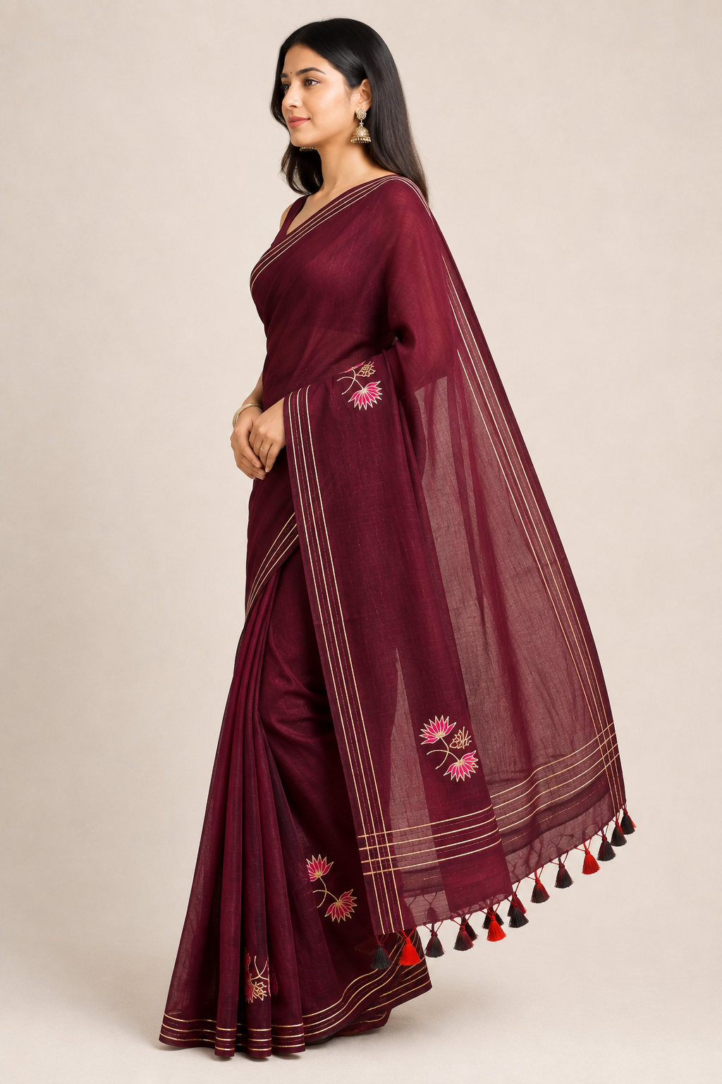Burgundy Mul Cotton Saree with Floral Motifs & Tassel Pallu - Image 5