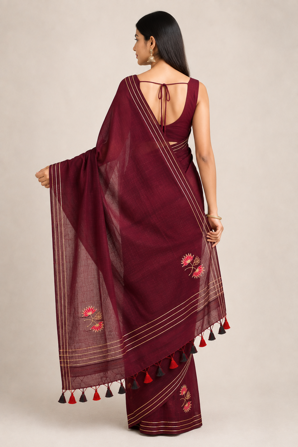 Burgundy Mul Cotton Saree with Floral Motifs & Tassel Pallu - Image 4