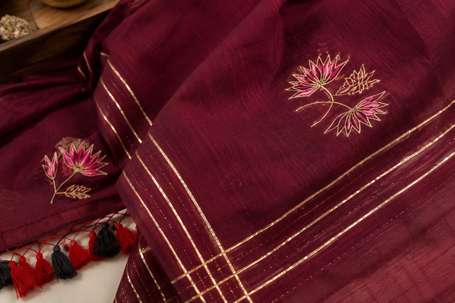 Burgundy Mul Cotton Saree with Floral Motifs & Tassel Pallu - Image 3