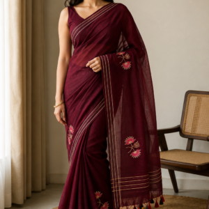 Burgundy Mul Cotton Saree with Floral Motifs & Tassel Pallu