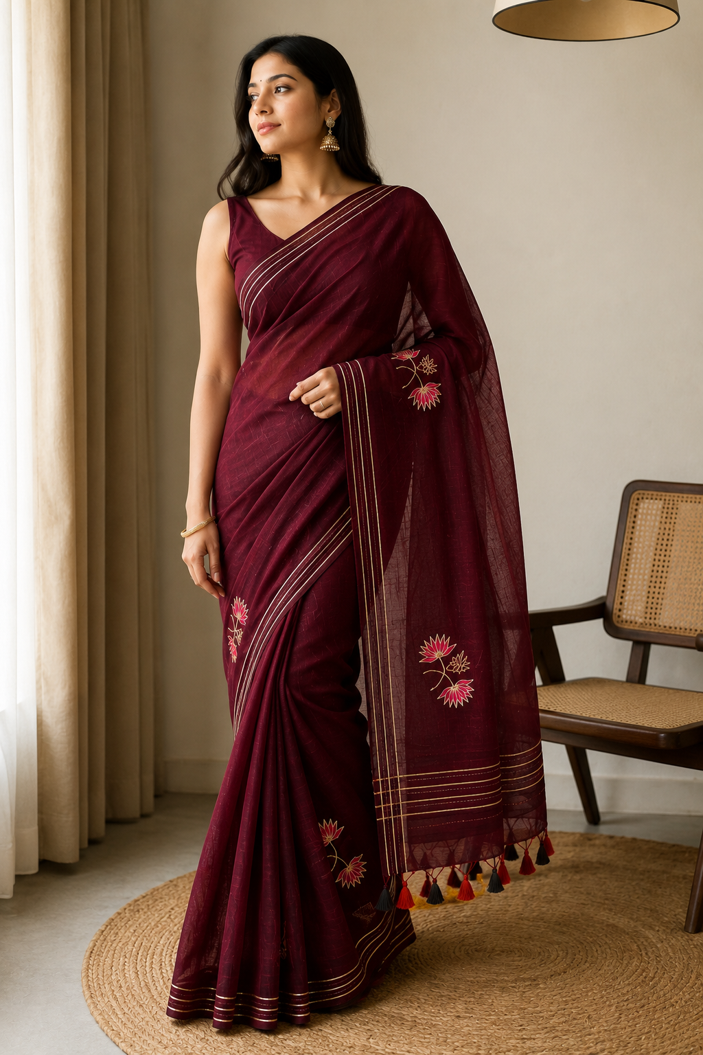 Burgundy Mul Cotton Saree with Floral Motifs & Tassel Pallu