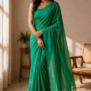 Green Mul Cotton Saree with Gold-Toned Motifs & Tassel Pallu