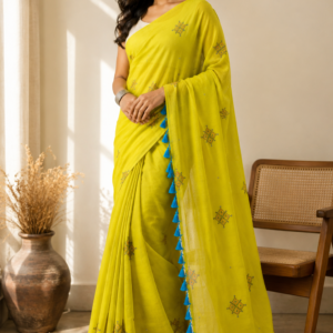 Lime Mul Cotton Saree with Geometric Buti Motifs & Blue Tassels