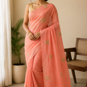 Peach Mul Cotton Saree with Gold Butis & Tassel Pallu