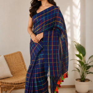 Navy Mul Cotton Saree with Multicolour Checks & Tassel Pallu