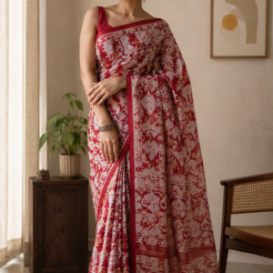 Red Mul Cotton Saree with Ivory Geometric & Floral Motifs