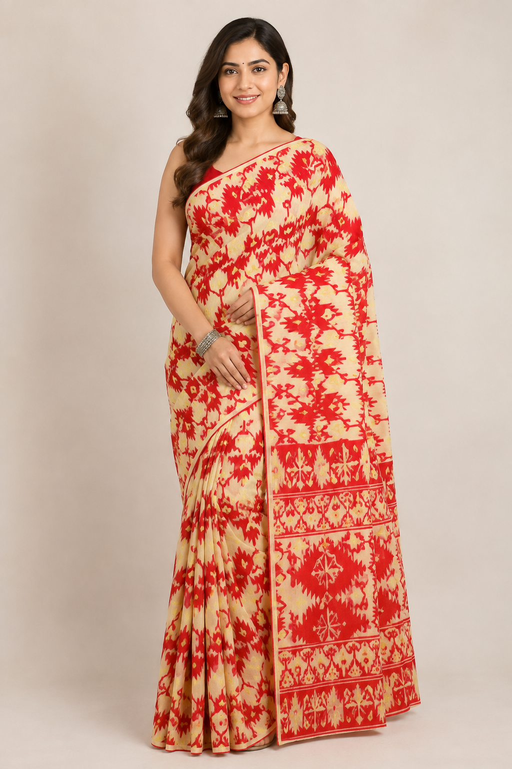 Red & Cream Mul Cotton Saree with Geometric Motifs & Printed Border - Image 5