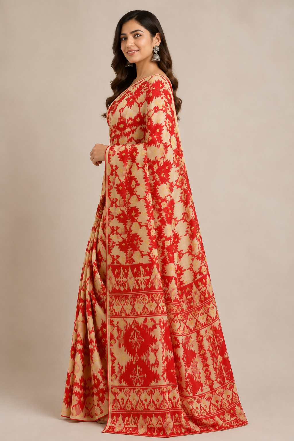 Red & Cream Mul Cotton Saree with Geometric Motifs & Printed Border - Image 4