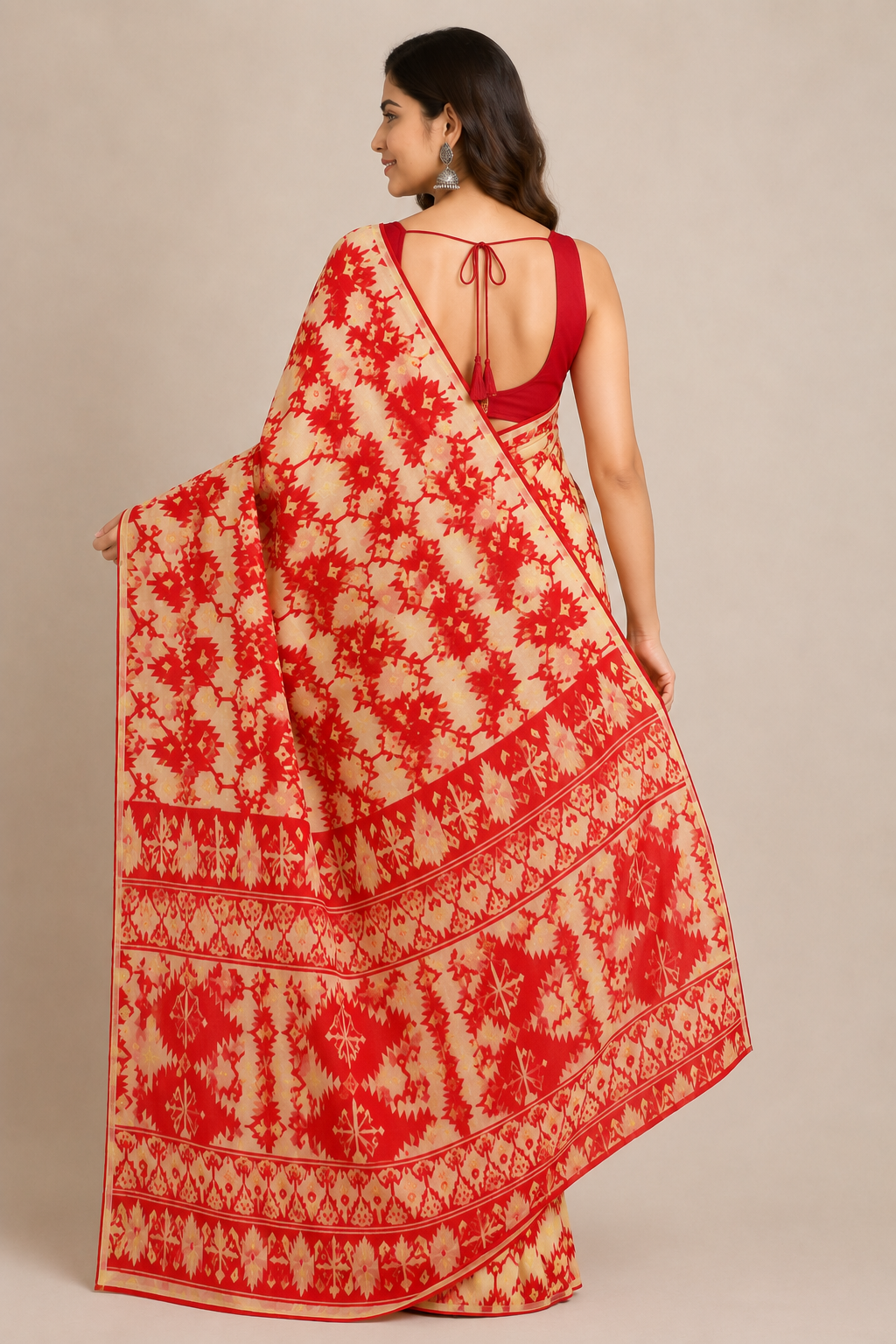 Red & Cream Mul Cotton Saree with Geometric Motifs & Printed Border - Image 3