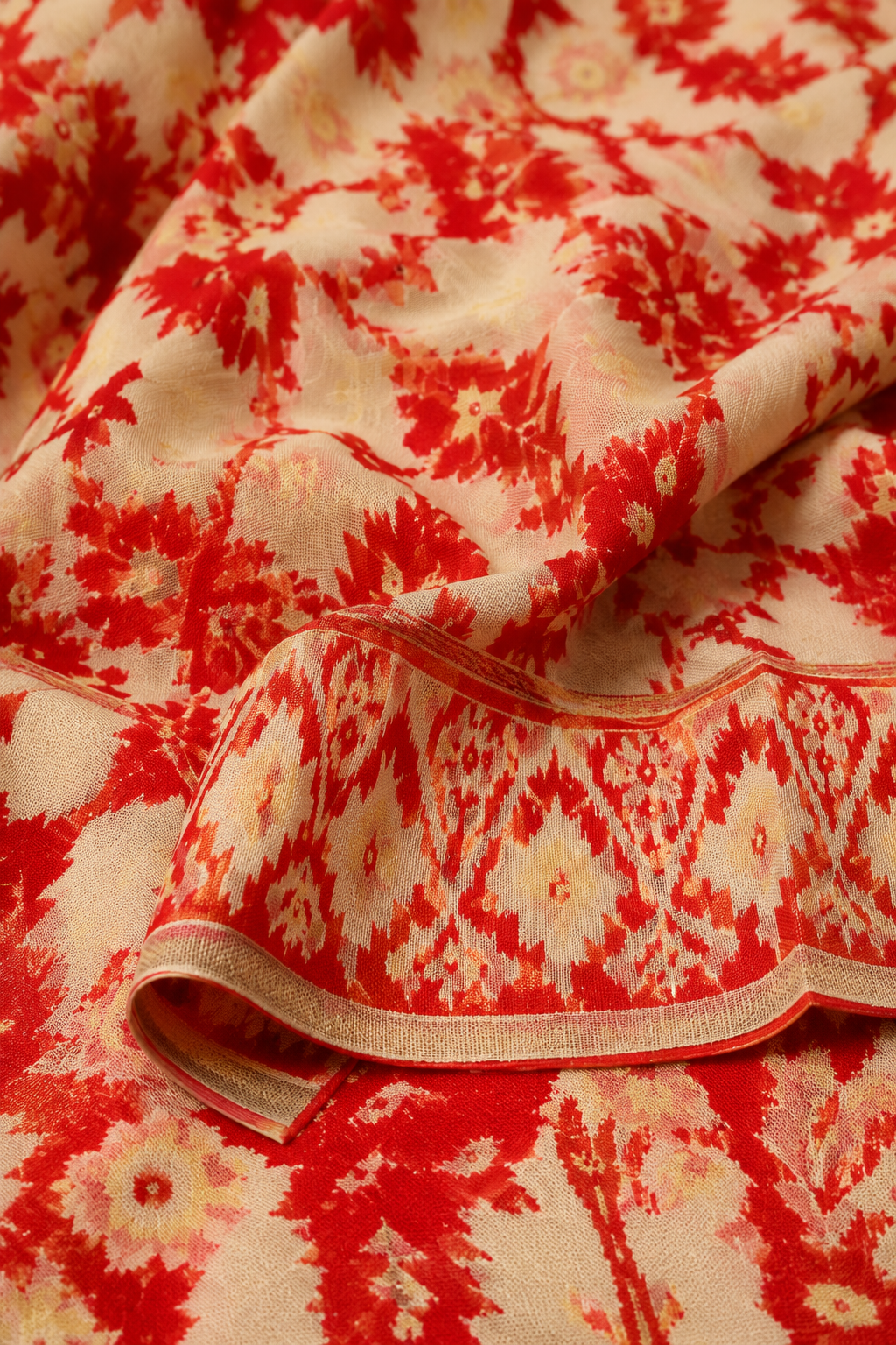 Red & Cream Mul Cotton Saree with Geometric Motifs & Printed Border - Image 2