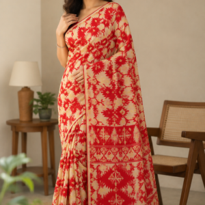 Red & Cream Mul Cotton Saree with Geometric Motifs & Printed Border