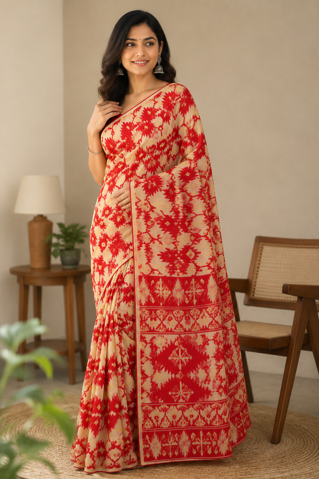 Red & Cream Mul Cotton Saree with Geometric Motifs & Printed Border
