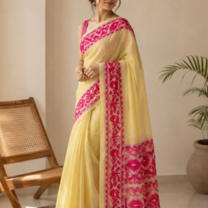 Yellow Mul Cotton Saree with Magenta Geometric Motif Border