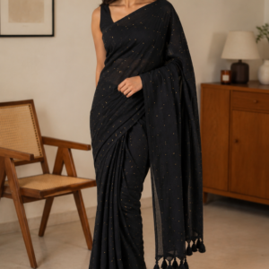 Black Mul Cotton Saree with Gold Buti Dots & Tassel Pallu