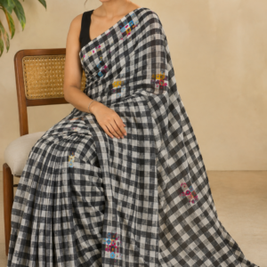 Black & White Mul Cotton Saree with Floral Motifs & Tassel Pallu