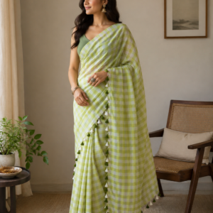 Lime Checks — Lime Green & White Mul Cotton Saree