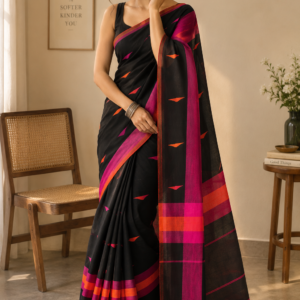 Ink & Flame — Black Mul Cotton Saree with Magenta & Orange Border