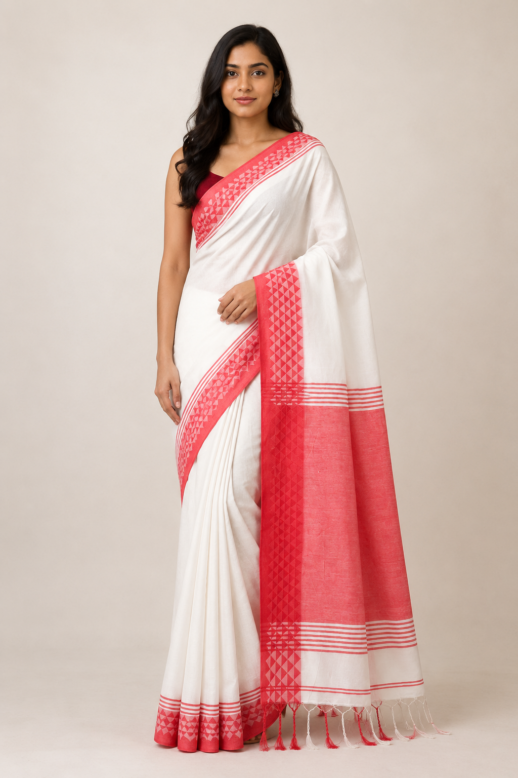 Red Thread — White Mul Cotton Saree with Red Geometric Border - Image 6