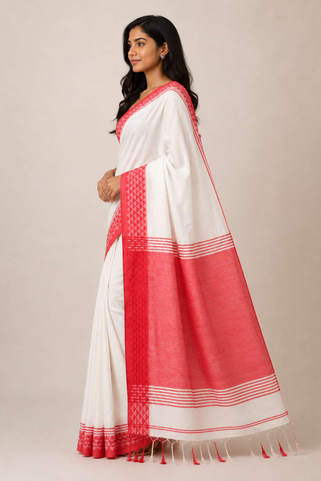 Red Thread — White Mul Cotton Saree with Red Geometric Border - Image 5