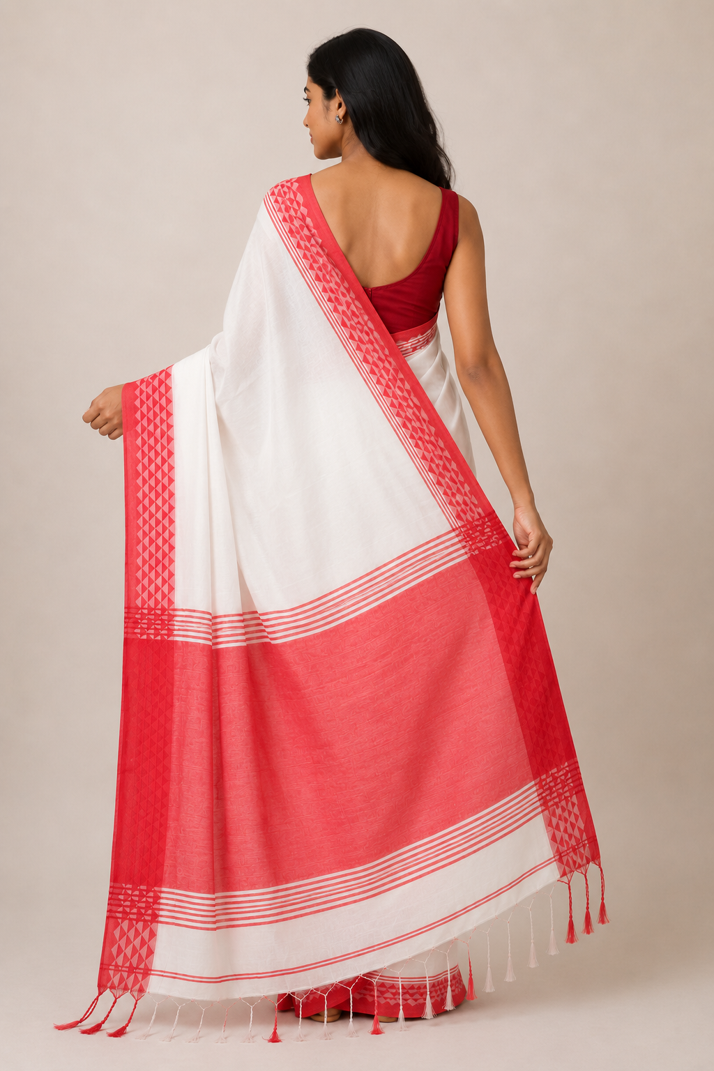 Red Thread — White Mul Cotton Saree with Red Geometric Border - Image 4