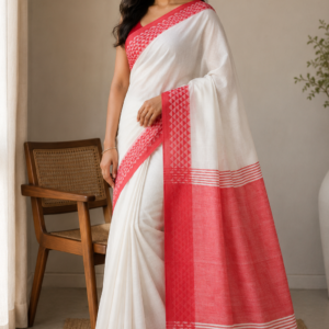 Red Thread — White Mul Cotton Saree with Red Geometric Border