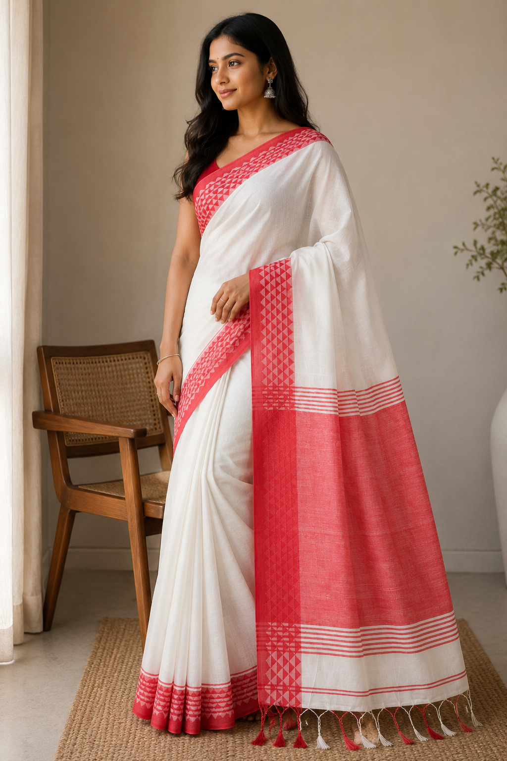 Red Thread — White Mul Cotton Saree with Red Geometric Border