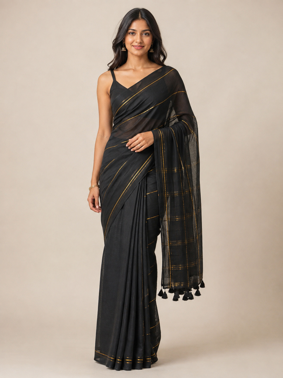 Midnight Gold — Black Mul Cotton Saree with Golden Stripes - Image 6