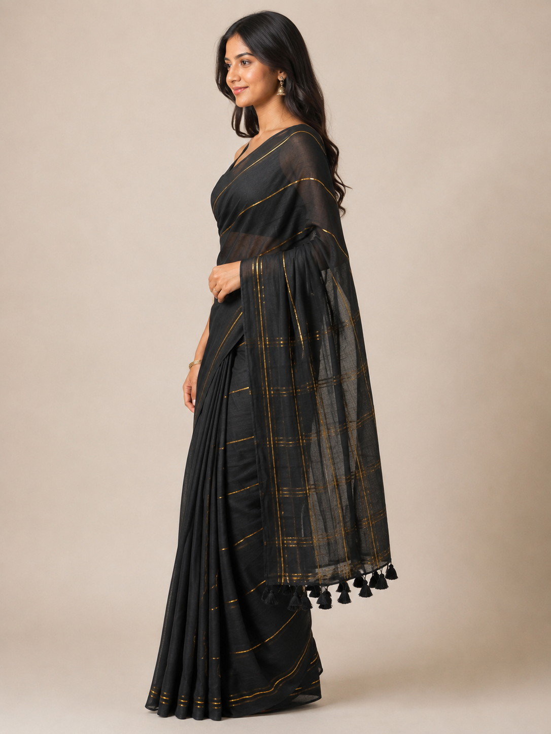 Midnight Gold — Black Mul Cotton Saree with Golden Stripes - Image 5