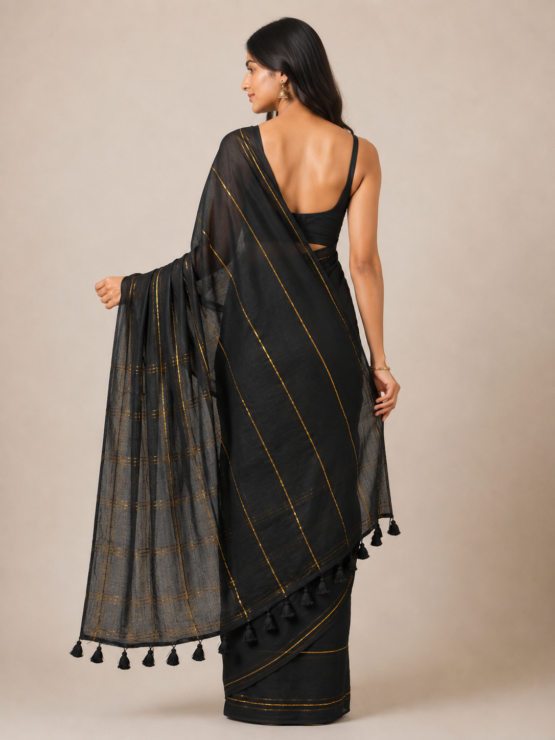 Midnight Gold — Black Mul Cotton Saree with Golden Stripes - Image 4