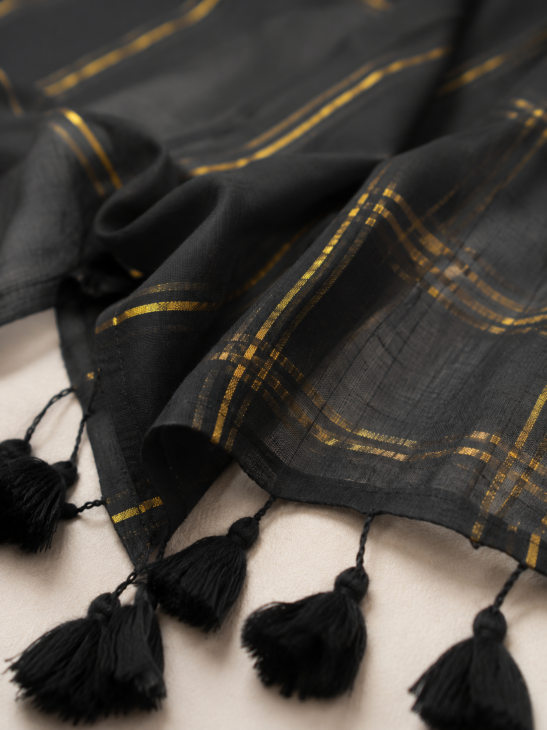 Midnight Gold — Black Mul Cotton Saree with Golden Stripes - Image 3