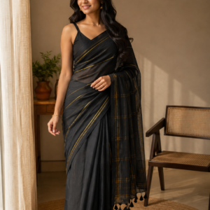 Midnight Gold — Black Mul Cotton Saree with Golden Stripes
