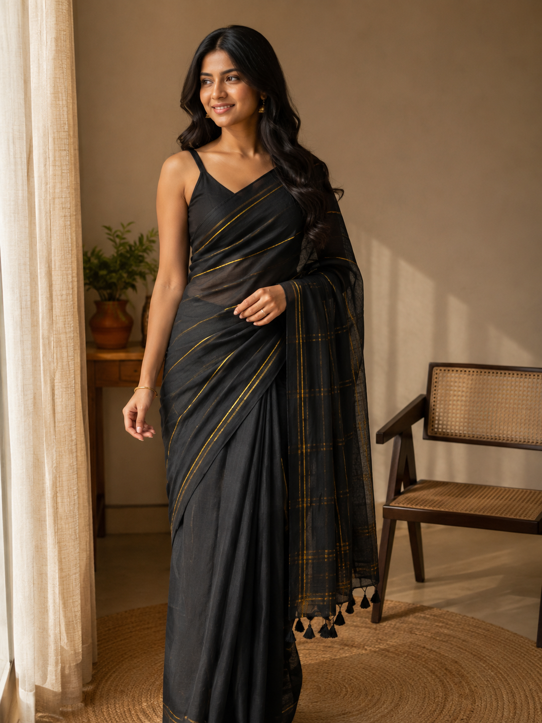 Midnight Gold — Black Mul Cotton Saree with Golden Stripes