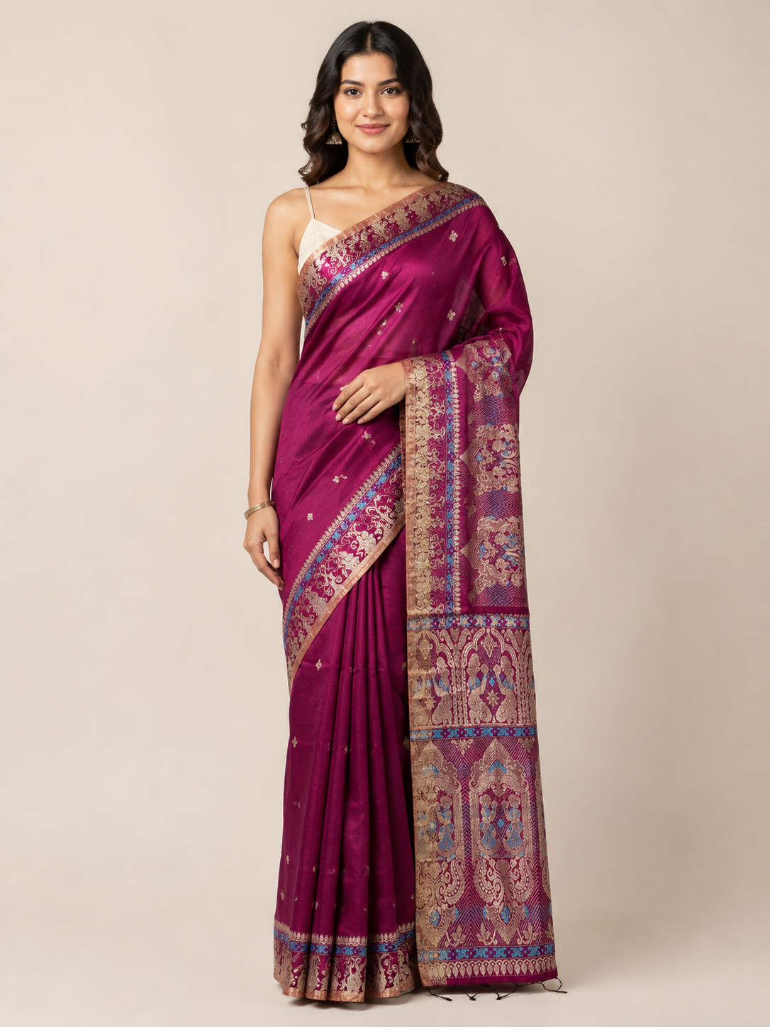 Wine & Blue — Deep Magenta Mul Cotton Saree with Ornate Border - Image 6