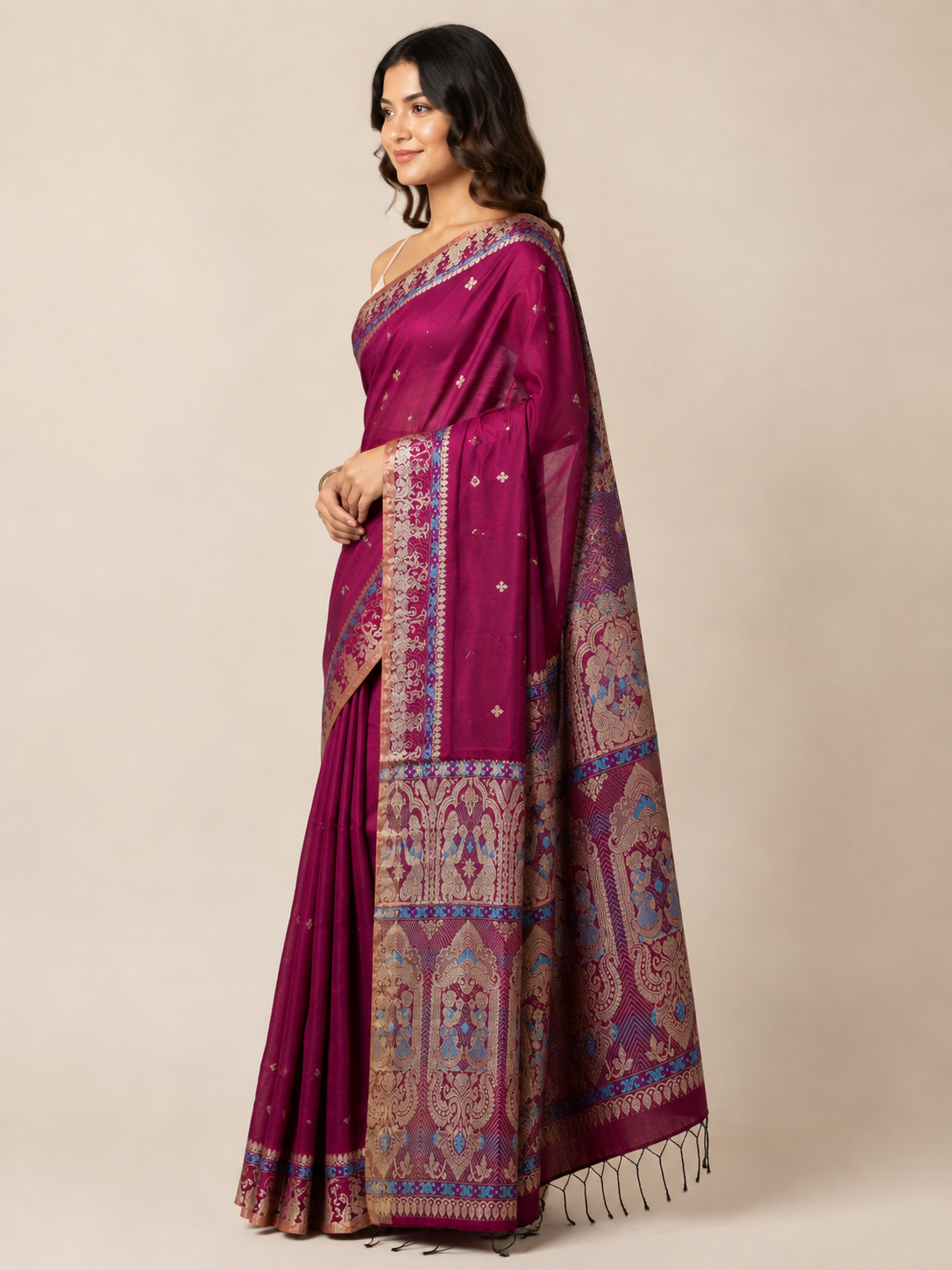 Wine & Blue — Deep Magenta Mul Cotton Saree with Ornate Border - Image 5