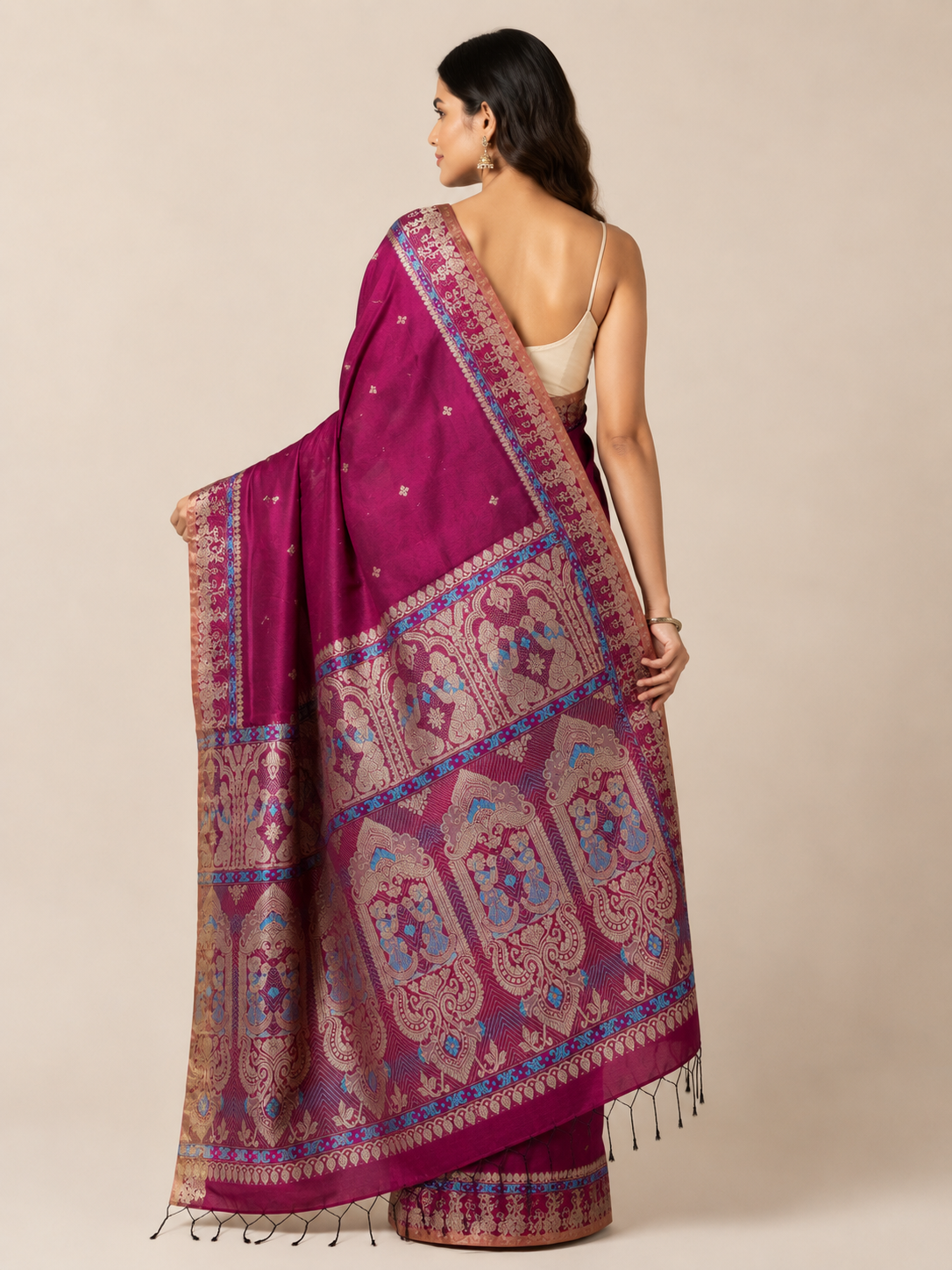 Wine & Blue — Deep Magenta Mul Cotton Saree with Ornate Border - Image 4