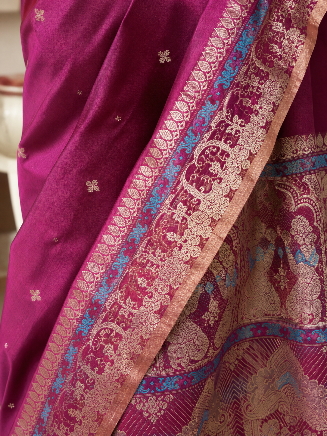 Wine & Blue — Deep Magenta Mul Cotton Saree with Ornate Border - Image 3