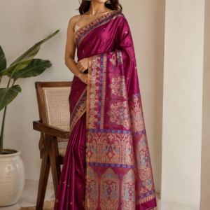 Wine & Blue — Deep Magenta Mul Cotton Saree with Ornate Border