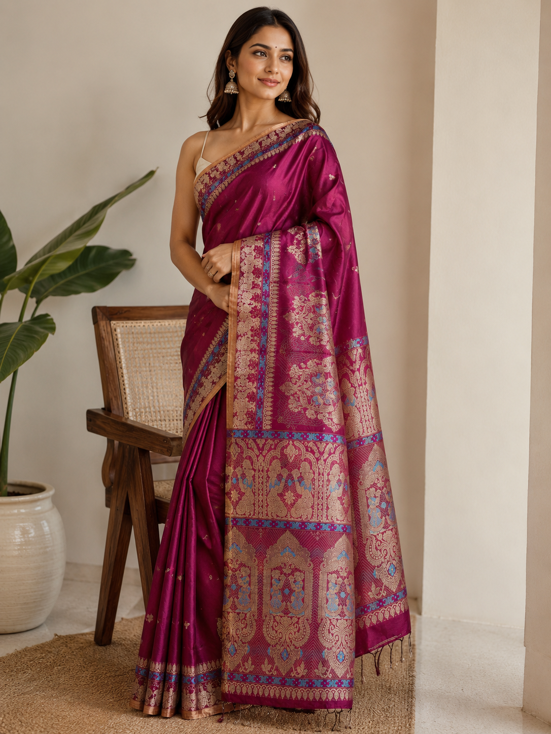 Wine & Blue — Deep Magenta Mul Cotton Saree with Ornate Border