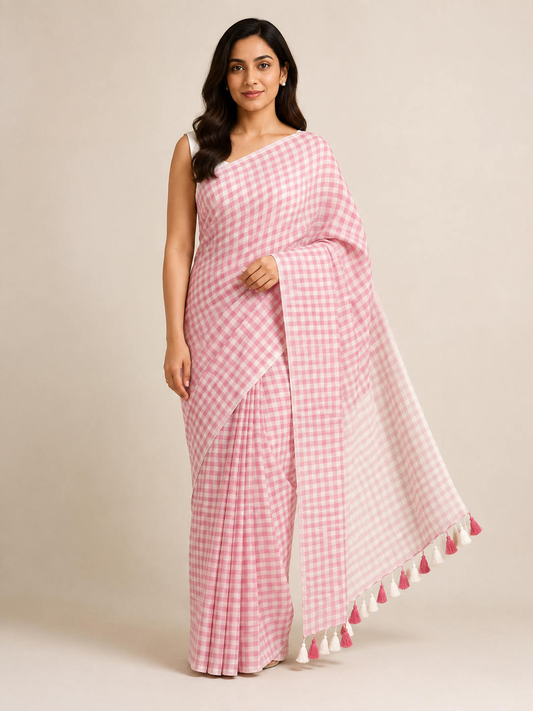 Pink Checks — Pink & White Mul Cotton Saree with Tassel Border - Image 6