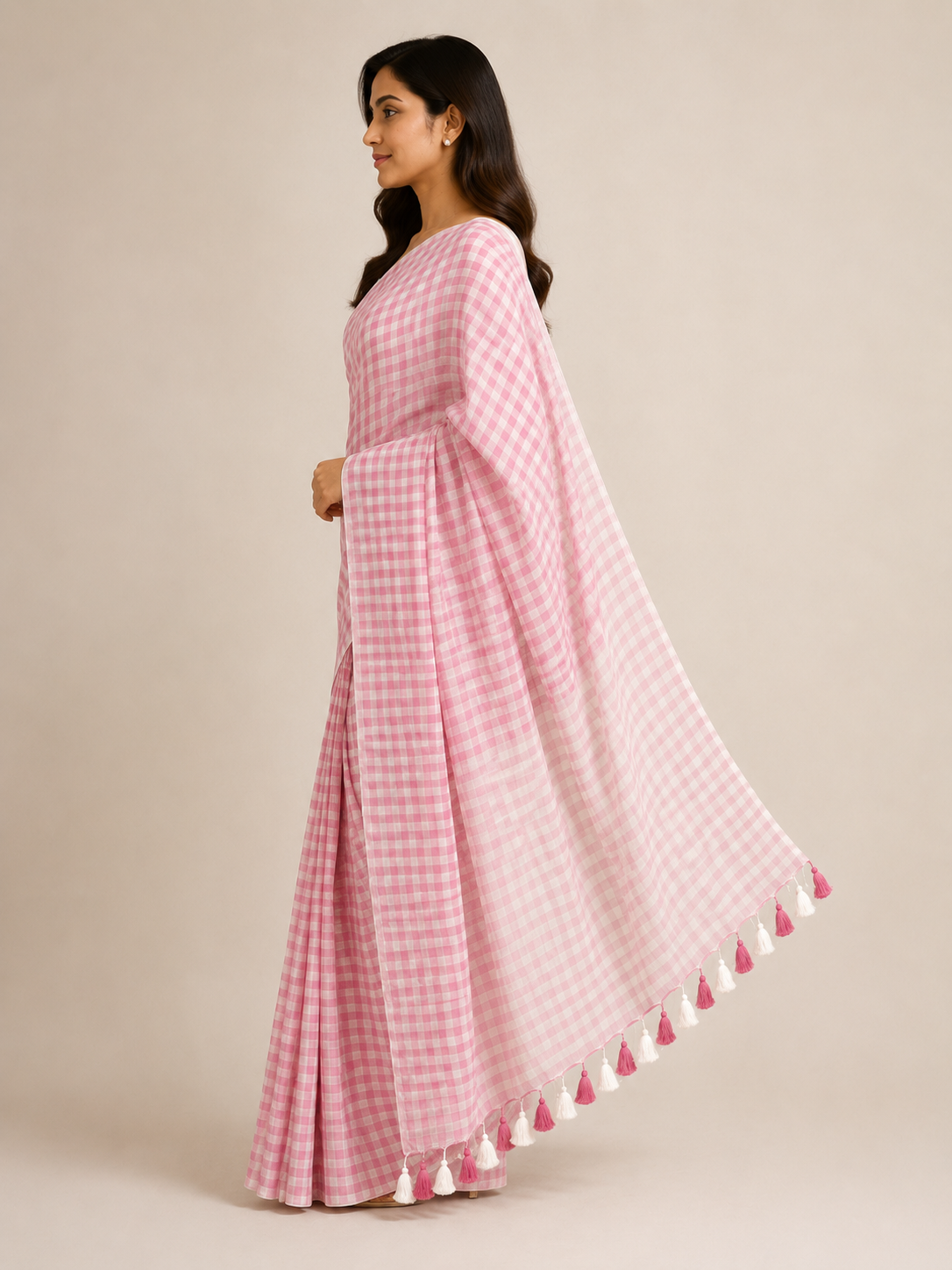 Pink Checks — Pink & White Mul Cotton Saree with Tassel Border - Image 5