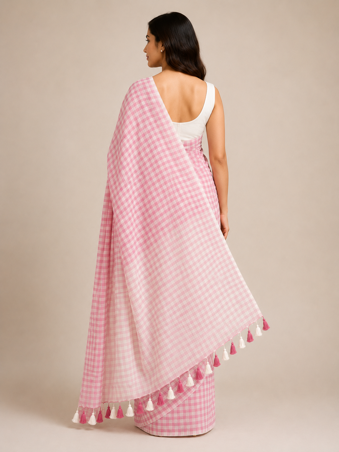 Pink Checks — Pink & White Mul Cotton Saree with Tassel Border - Image 4