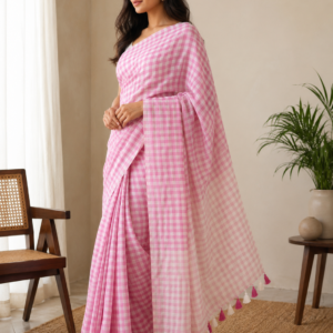 Pink Checks — Pink & White Mul Cotton Saree with Tassel Border