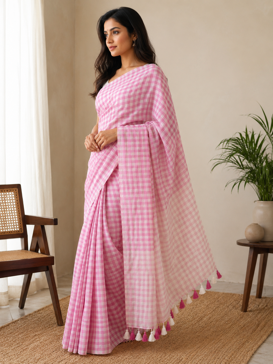 Pink Checks — Pink & White Mul Cotton Saree with Tassel Border