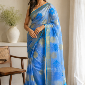 Blue Bloom — Golden Beige Mul Cotton Saree with Blue Border