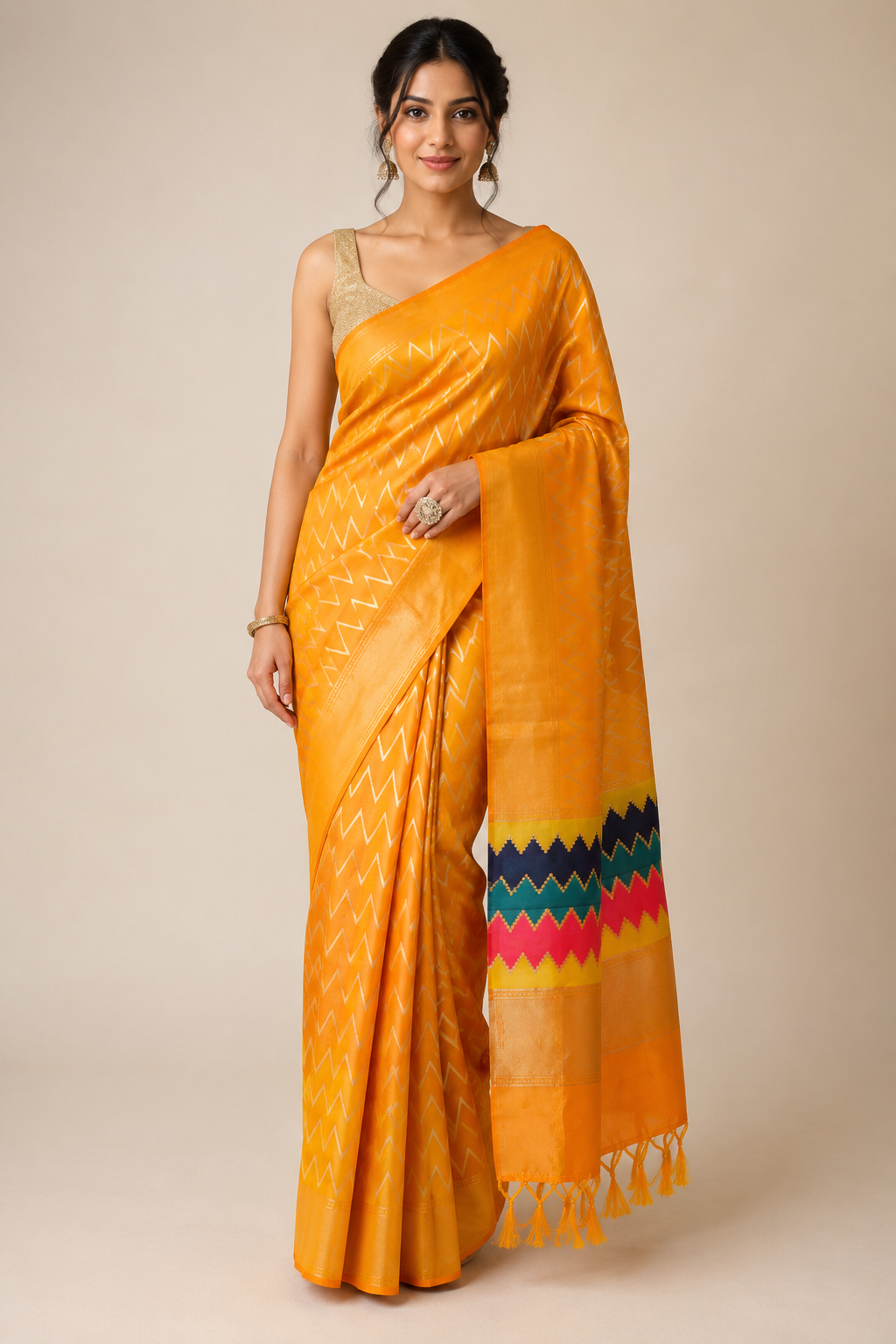 Marigold Zigzag — Orange Mul Cotton Saree with Multicolour Border - Image 6