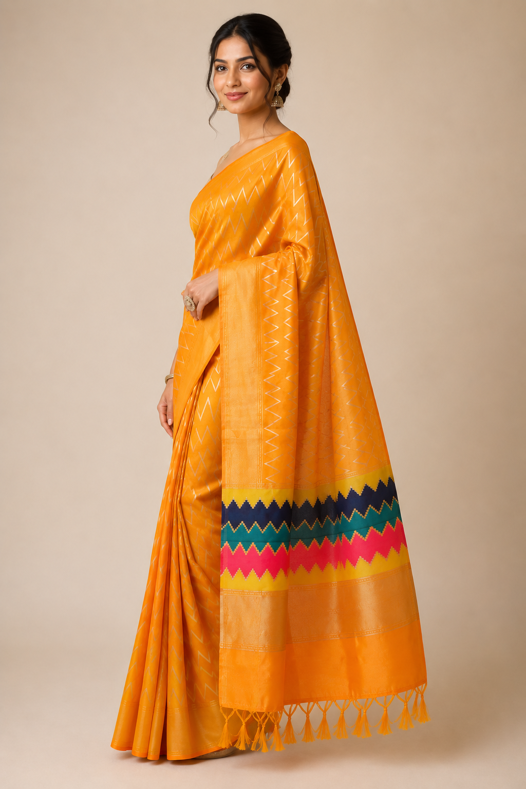Marigold Zigzag — Orange Mul Cotton Saree with Multicolour Border - Image 5