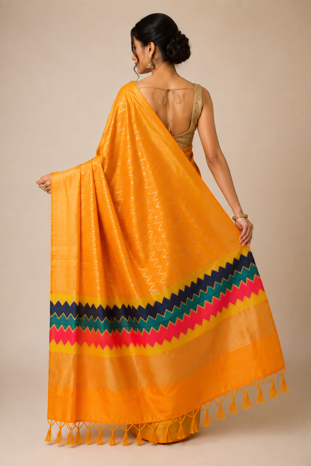 Marigold Zigzag — Orange Mul Cotton Saree with Multicolour Border - Image 4