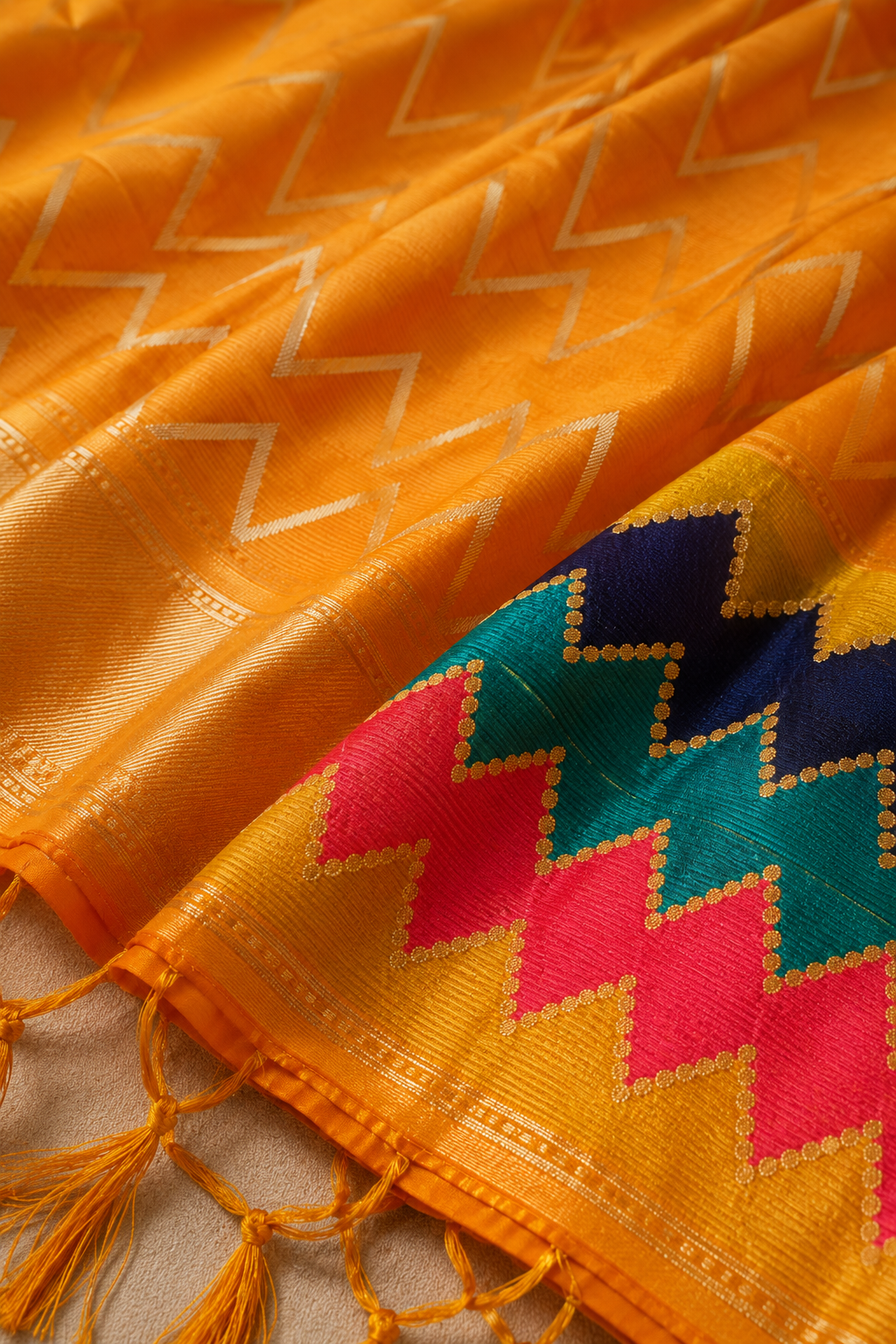 Marigold Zigzag — Orange Mul Cotton Saree with Multicolour Border - Image 3